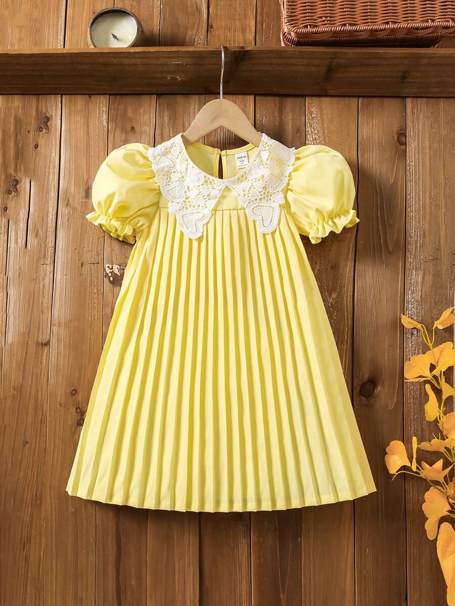 Young Girl Contrast Lace Puff Sleeve Pleated Hem A-Line Dress - Yellow - View 1
