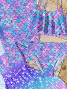 3pcs/Set Tween Girls Casual Mermaid Print Tank Top And Triangle Brief Swimwear Set, Suitable For Summer - Multicolor - View 3