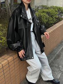 FRIFUL 女士纯色落肩长袖PU皮宽松休闲常规夹克，秋季女式外套 - 黑色 - 查看 3