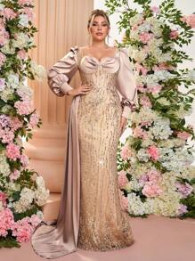 Glamrae 加大码优雅奢华香槟色长袖缎面拼布刺绣蕾丝亮片鱼尾裙，带侧褶，性感露背系带，适合婚礼、单身派对、度假、宴会、婚礼宾客礼服、正式礼服、晚礼服、长袍 - 香檳色 - 查看 5