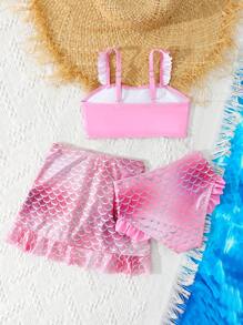SHEIN Conjunto de tres piezas de traje de baño para niñas con estampado de escamas de pez, volantes y falda cover-up de playa - Multicolor - Ver 3