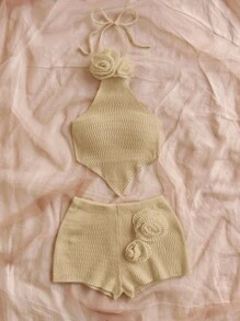 Soleia 2pcs/Set Hand-Crafted 3D Flower Halter Backless Crop Top And Super Short Shorts Knit Sweater, Vacation Sexy - Khaki - View 4
