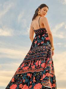CAJUNI Váy hai dây khoét sâu họa tiết hoa và cây Boho dành cho nữ, váy đi biển mùa hè giản dị - Nhiều màu - Xem 2