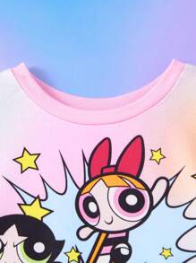 THE POWERPUFF GIRLS X SHEIN Tee-shirt à manches courtes pour bébé fille avec un joli motif de fleurs, de bulles et de boutons d'or en tie dye rose