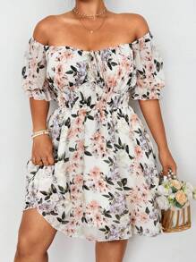 Flirla Spring Floral Print Chiffon Binding Bust Cinched Waist Flowy Puff Sleeve Dress For Women