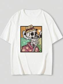 Manfinity Dauomo Camiseta De Cuello Redondo Y Hombros Caídos De Cráneo Para Hombre, Estampado Y Sobredimensionado Para Vacaciones - Blanco - Ver 3