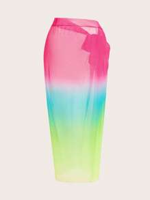 SHEIN Jednoczęściowy kostium kąpielowy w dużym rozmiarze w jednolitym kolorze z sarongiem z szyfonu z nadrukiem ombre i spódnicą