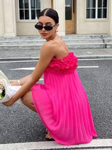 SHEIN Essnce Summer Dresses For Women 2025: Elegant 3D Ruffle Trim Strapless Mini Dress With Pleated Hem, Hot Pink Casual Beachwear & Textured Camisole - Hot Pink - View 1