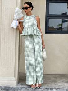 Siren Gaze Conjunto de blusón sin mangas con abertura en la espalda y volantes en el bajo a cuadros verde menta y pantalones anchos, conjunto de dos piezas de estilo boho chic de verano 2025 con tejido transpirable tipo lino para vacaciones, festivales y resorts de playa