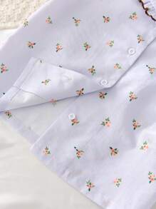 年轻女孩花卉图案翻领纽扣衬衫和裤子套装 - 紫色 - 查看 3