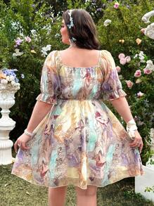 Lyrianda 大码浪漫方领花卉印花荷叶边下摆雪纺连衣裙