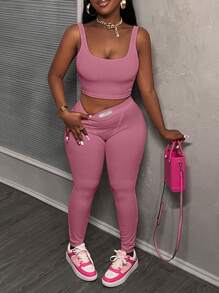 Slaydiva 2pcs Simple Casual Basic Athletic Summer Scoop Neck Sleeveless Crop Top And Skinny High Waist Ankle Pants Knitted Ribbed Tight Fitting Suit For Women,Summer Sets