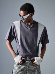 NEON BLANC Men's Street Fashion Knit Round Neck Patchwork Grey Short Sleeve T-Shirt - Grey - View 2