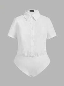 SHEIN EZwear Plus Size Business Casual Woman,Work,Minimalist White Bodysuit,Spring Summer Clothes - White - View 5