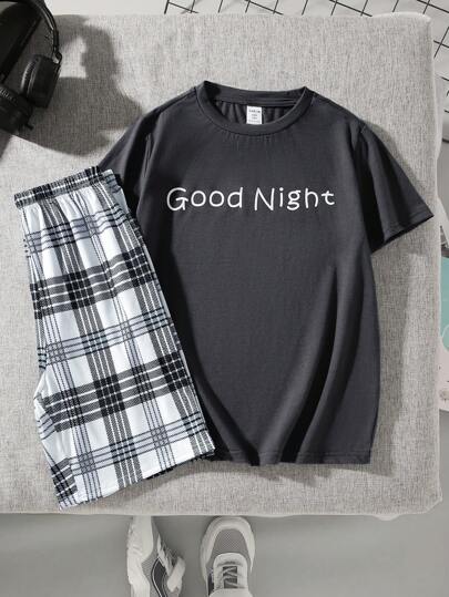 SHEIN Tween Boys' Leisure Round Neck Short Sleeve T-Shirt With Slogan Print And Plaid Shorts Homewear Set