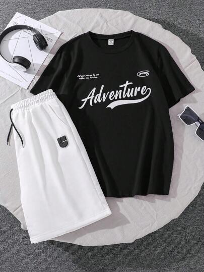 2 件青少年男孩字母印花短袖上衣和短裤套装