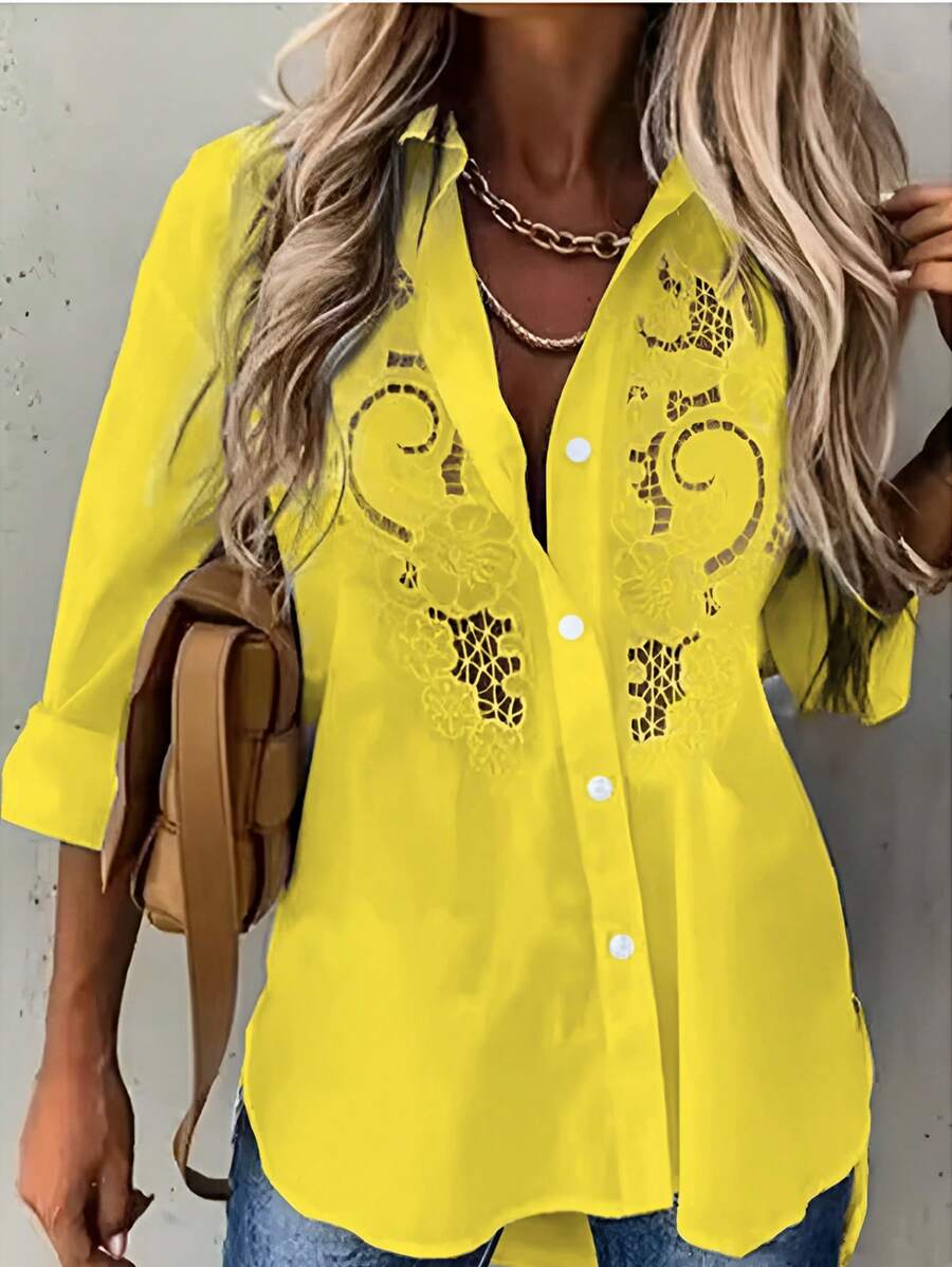 SHEIN LUNE 女士纯色刺绣休闲衬衫 - 黃色 - 查看 1