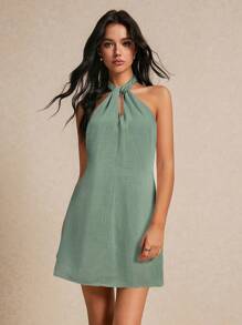 Poéselle Women's Sage Green Elegant Summer Mini Linen Dress,Backless Bowknot Resort Dress,Breathable Strapless Neckline Vacation Outfits For Hot Summer Days - Mint Green - View 2