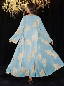 Modelyn 2pcs Set: Embroidered Sequins Decor Solid Color Elegant Romantic Sheer Long Sleeve Dress - Baby Blue - View 2