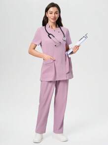 Scrubzie Wrinkle-Resistant Short Sleeve Tie Front Long Shirt And Pants Scrub Uniform Set - Lilac Purple - View 7