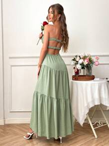 SHEIN VCAY 女式宽松编织纯色喇叭裙，适合春夏季度假，女士夏季服装，女士度假服装，女士复活节服装 - 綠色 - 查看 2