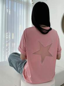 DAZY Star Pattern Round Neck Loose Fit Short Sleeve T-Shirt, Suitable For Daily Wear Graphic Tee Oversized T-Shirt - Baby Pink - View 3
