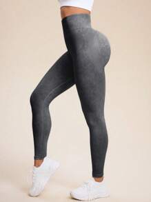 Gameset SHEIN Sport 女式高腰无缝纹理紧身瑜伽裤 - 黑色 - 查看 4