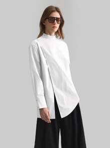 Ontre 2026 Spring/Summer New  White Wrap-Style Solid Color Stand Collar Long Sleeve Minimalist Shirt, Asymmetrical Cut, Casual, Business, Office, Teacher Wear - White - View 4