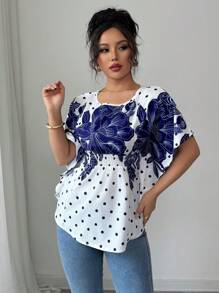 SHEIN Unity Women Floral Print Batwing Sleeve Casual Short Sleeve Shirt - Blue - View 3