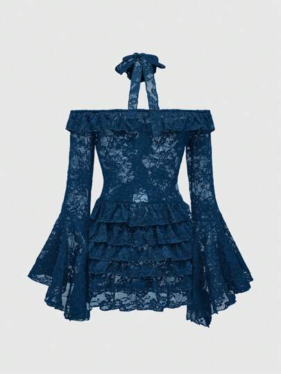 Goth Gothic 3D Floral Lace Trim Off Shoulder Flare Sleeve See-Through Women Blouse