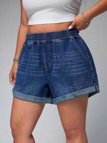 SHEIN EZwear Pantalones vaqueros de talla grande, sencillos y de moda, adecuados para el verano - Azul lavado oscuro - Ver 5