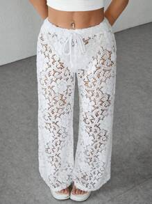 SHEIN PETITE Women's Jacquard Pattern Trousers, Simple And Fashionable For Summer - White - View 6