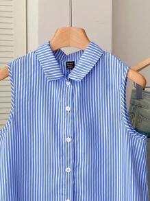 Franclia 女士休闲度假蓝白条纹蝴蝶结不对称下摆衬衫