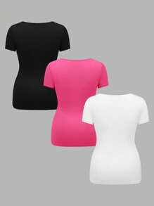 Modmama 3pcs/Set Maternity Casual Solid V-Neck Short Sleeve T-Shirts, Black/White/Gray, Fitted, Suitable For Summer - Hot Pink - View 2