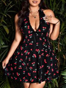 Sunnyshic Plus Size Jacquard Cherry Bowknot Dress