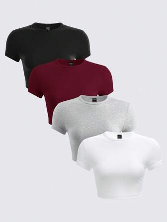 SHEIN BASICS 4 Stücke/Packung Baumwoll T-Shirts für Damen mit rundem Ausschnitt, Kurzarm und in Schlupfform, einfarbig