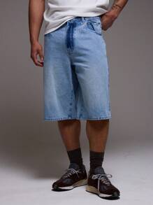 Pantalones cortos vaqueros de mezclilla lavada de corte largo para hombres, Y2K para primavera y verano - Azul - Ver 2