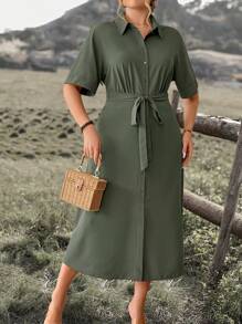 SHEIN LUNE Plus Size Women's Solid Color Shirt Collar Open Front Raglan Sleeve Loose Fit Belted Long Dress For Spring/Summer - Army Green - View 5
