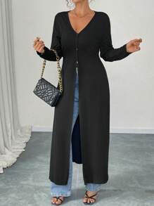 Elenzga Plus Size Women Solid Color Ribbed Long Sleeve Shirt Dress, Waist Cinched - Black - View 4