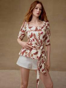 MOTF PREMIUM 全身印花荷叶边衬衫 - 紅白色 - 查看 4