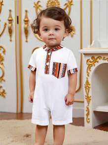 Baby Boy White Floral Print Romper,Summer Casual Family Matching Party Outfit,Short Sleeve Button Neckline Jumpsuit For 3-6 Years Old Vacation Play - Multicolor - View 1