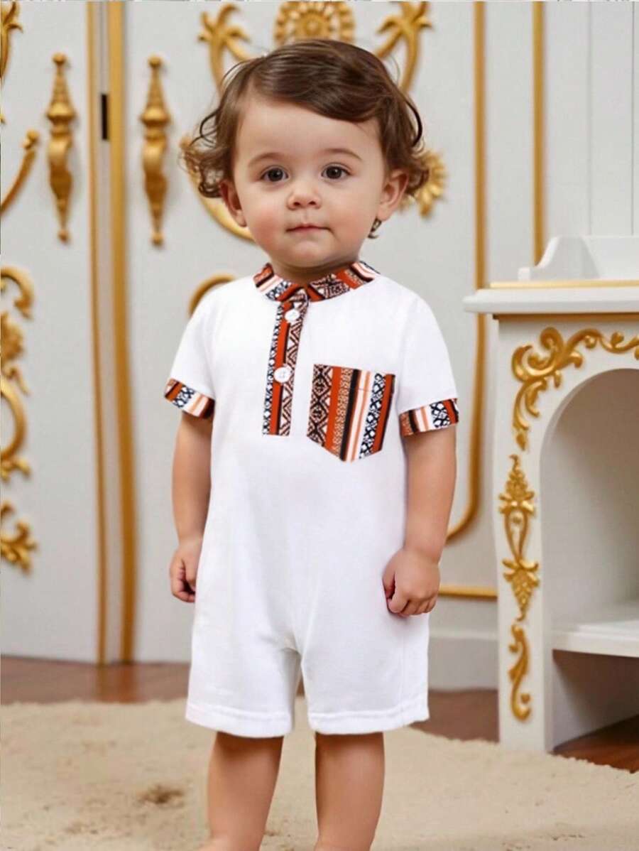 Baby Boy White Floral Print Romper,Summer Casual Family Matching Party Outfit,Short Sleeve Button Neckline Jumpsuit For 3-6 Years Old Vacation Play - Multicolor - View 1