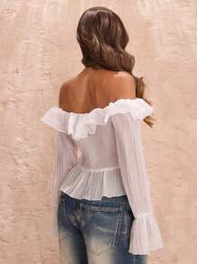 SHEIN BAE Blusa de manga larga con volante asimétrico en el bajo y hombros descubiertos, romántica, adecuada para otoño/invierno, primavera, vacaciones, viajes, San Valentín, uso diario, estilo princesa, camisa blanca, cumpleaños, vestido de dama de honor mini