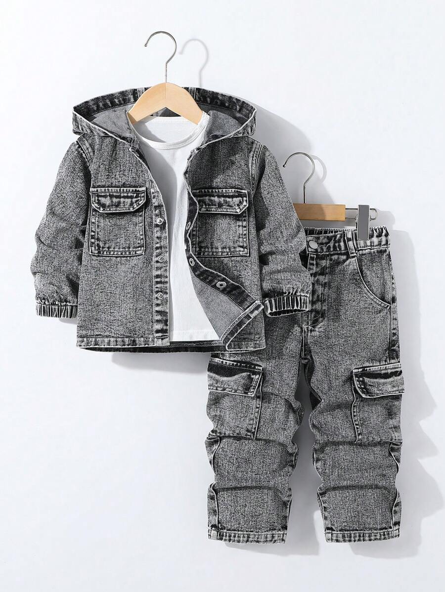 SHEIN Conjunto de 2 piezas de niños pequeños con top con capucha informal y pantalones vaqueros rectos de cargo