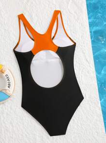 Swim SPRTY Women Spring Break Simple One-Piece Swimsuit, Athletic Style Beach Outfit For Summer - Orange - View 4