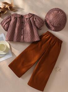 SHEIN 3pcs/Set Young Girl Bear & Plaid Print Shirt + Hat + Wide Leg Casual Pants Summer Outfit - Brown - View 2