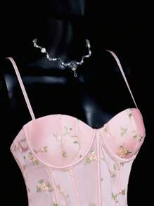 SHEIN ICON Palace-Style Embroidered Fabric Boned Bustier Top And Fish Tail Skirt 2 Pieces Set For Women - Pink - View 6