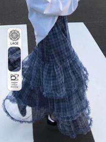 FRIFUL Women's Blue Plaid Pleated Mesh Skirt, Sweet High Waist Short Style, Suitable For Spring & Summer