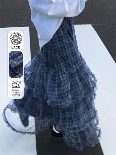 FRIFUL Women's Blue Plaid Pleated Mesh Skirt, Sweet High Waist Short Style, Suitable For Spring & Summer