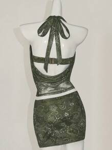 SHEIN ICON 2 件 Y2k 春夏夏威夷海滩波西米亚绿色性感时尚飘逸节日女式植物印花抹胸文胸上衣，无肩带无袖上衣和低腰迷你裙西装女式 - 彩色 - 查看 2